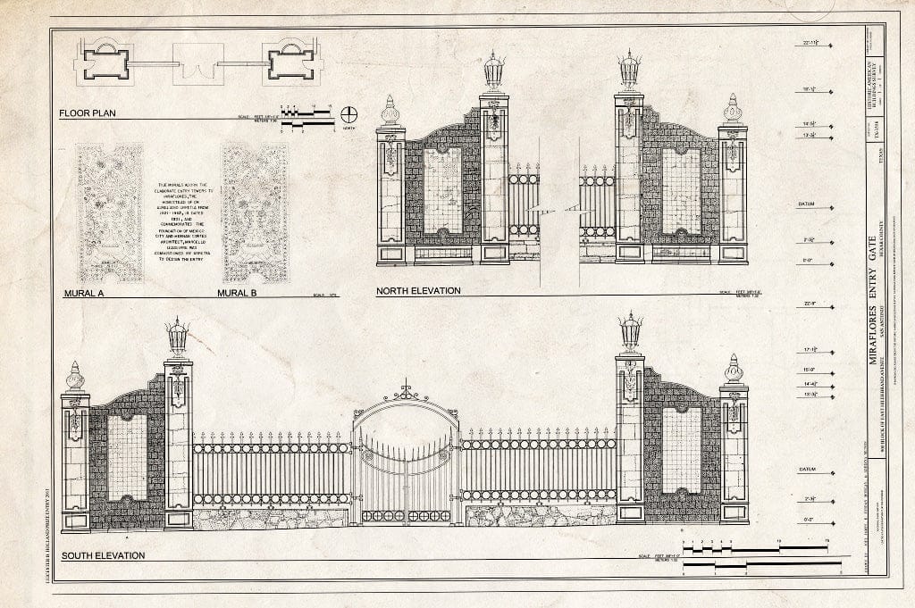 Blueprint North and South Elevations, Plan, and Murals - Miraflores Entry Gate, 900 Block of East Hildebrand Avenue, San Antonio, Bexar County, TX