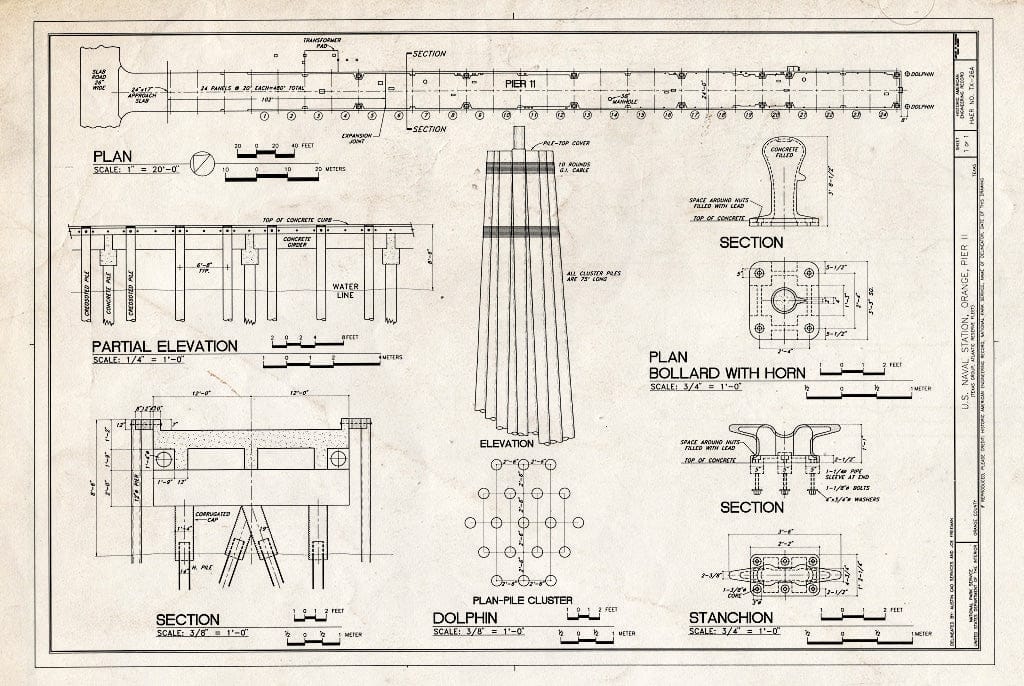 Blueprint Plan, Elevations, Section, Stanchion Detail, Dolphin - U.S. Naval Station, Orange, Pier 11, West Bank of Sabine River, Orange, Orange County, TX