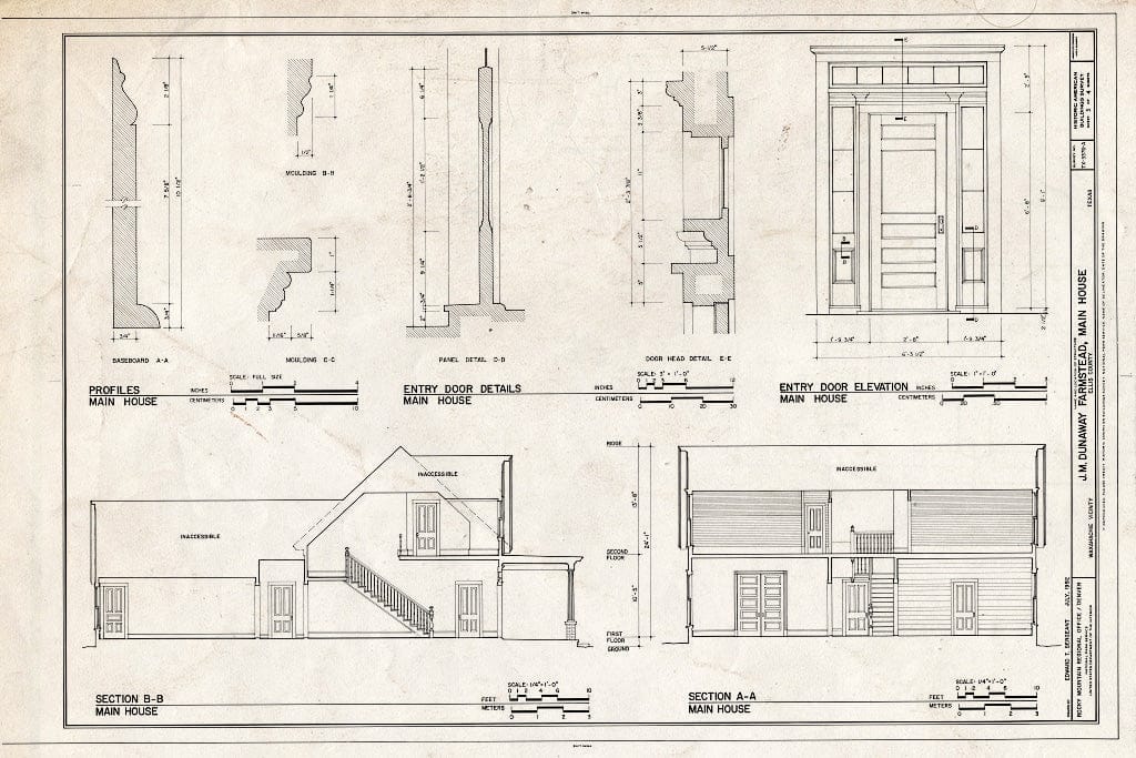 Blueprint Sections and Door Details - J. M. Dunaway Farmstead, Main House, 30 feet west of The J. M. Dunaway Farmstead Entrance Road, Waxahachie, Ellis County, TX