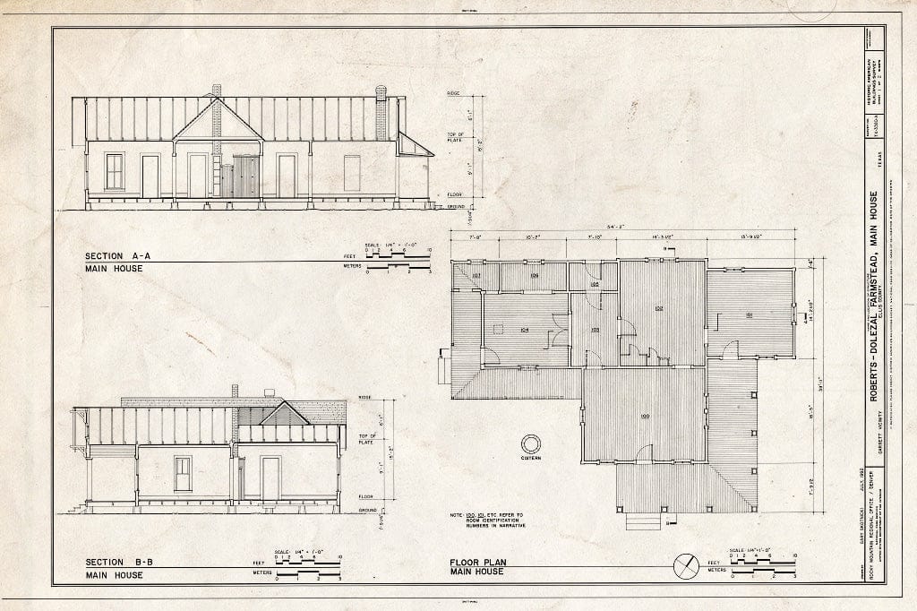 Blueprint Sections and Floor Plan - Roberts-Dolezal Farmstead, Main House, 70 feet Northwest of FM 1722 Road, Garrett, Ellis County, TX