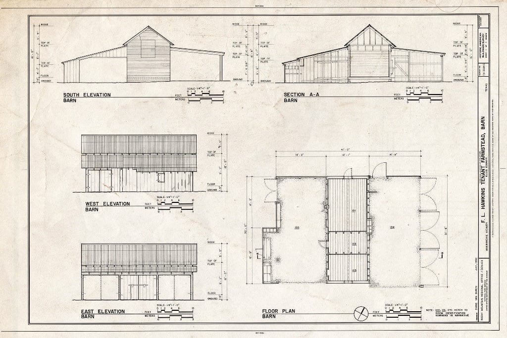 Blueprint South, West & East Elevations, Section, Floor Plan - F.L. Hawkins Tenant Farmstead, Barn, 130 feet Northwest of The Main House, Waxahachie, Ellis County, TX
