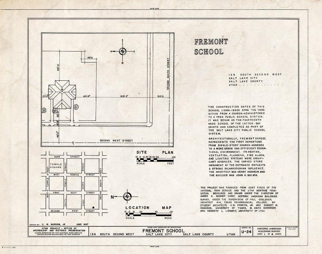 Blueprint HABS Utah,18-SALCI,7- (Sheet 1 of 8) - Fremont School, 139 South Second West Street, Salt Lake City, Salt Lake County, UT