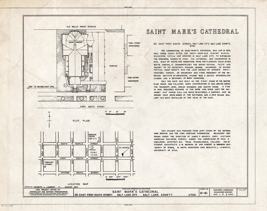 Blueprint HABS Utah,18-SALCI,10- (Sheet 1 of 9) - St. Mark's Episcopal Cathedral, 231 East First South Street, Salt Lake City, Salt Lake County, UT