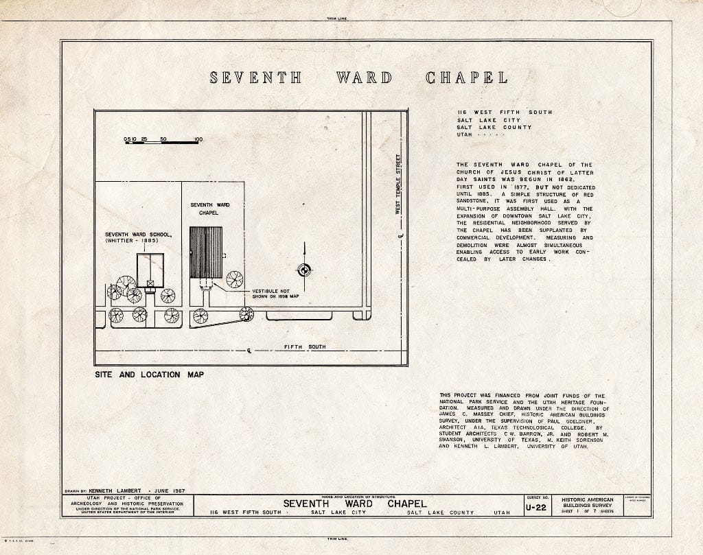 Blueprint HABS Utah,18-SALCI,5- (Sheet 1 of 7) - Seventh Ward Chapel, 116 West Fifth South Street, Salt Lake City, Salt Lake County, UT