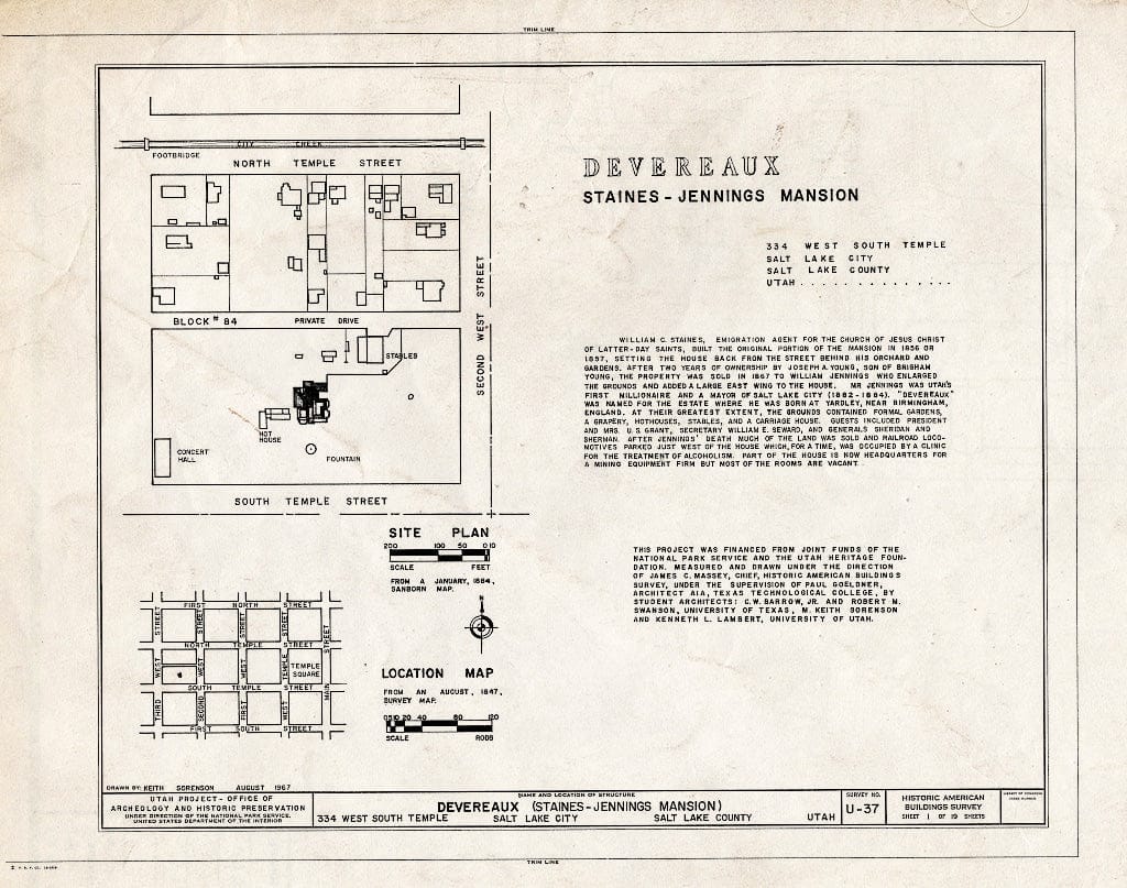 Blueprint HABS Utah,18-SALCI,8- (Sheet 1 of 19) - Staines-Jennings Mansion, 334 West South Temple Street, Salt Lake City, Salt Lake County, UT