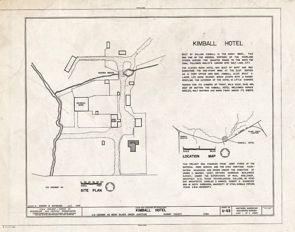 Blueprint HABS Utah,22-SILV.V,1- (Sheet 1 of 5) - Kimball Hotel, U.S. Route 40, Silver Creek Junction, Summit County, UT
