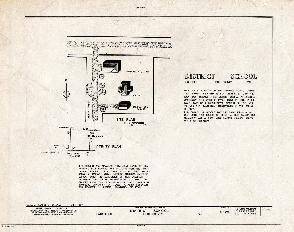 Blueprint HABS Utah,25-FAIRF,1- (Sheet 1 of 6) - District School, North Church Street, Fairfield, Utah County, UT