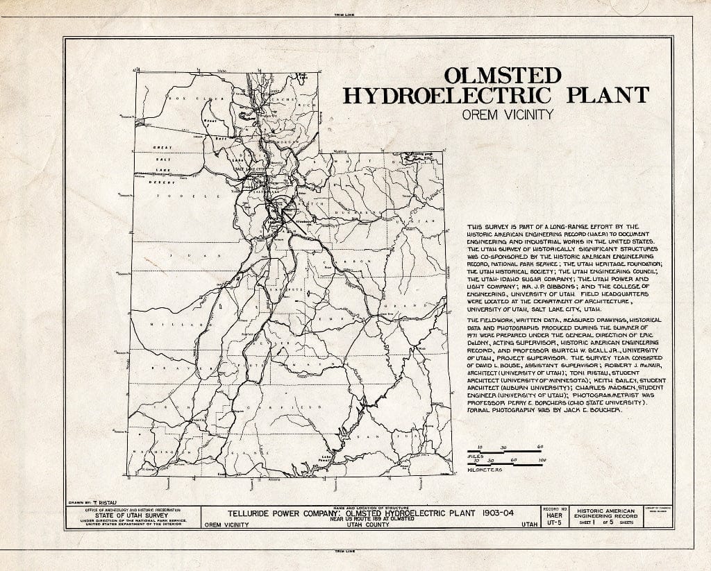 Blueprint HAER UTAH,25-OREM.V,2- (sheet 1 of 5) - Telluride Power Company, Olmsted Hydroelectric Plant, mouth of Provo River Canyon West of U.S. Route 189, Orem, Utah County, UT