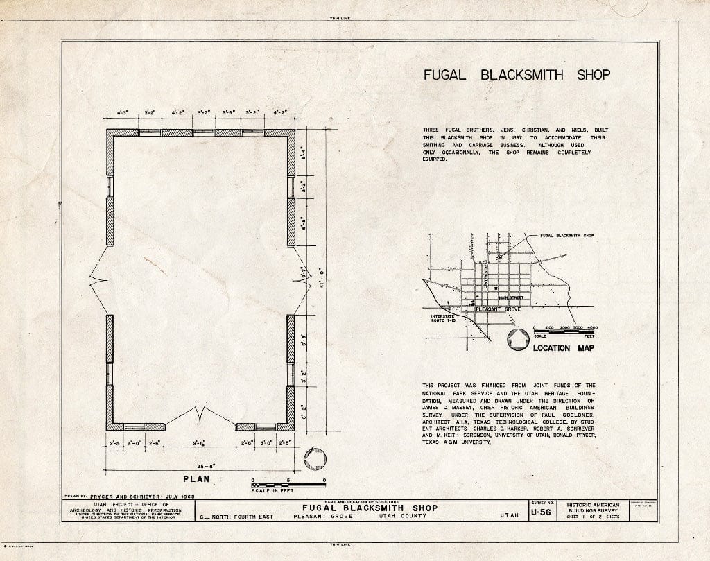 Blueprint HABS Utah,25-Pleas,1- (Sheet 1 of 2) - Fugal Blacksmith Shop, 650 North Fourth East Street, Pleasant Grove, Utah County, UT
