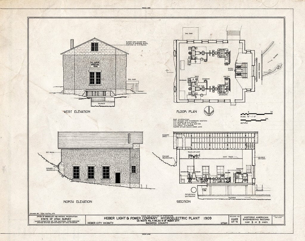 Blueprint West Elevation, North Elevation, Floor Plan, Section - Heber Light & Power Company, Hydroelectric Plant, U.S. Route 40/189, Heber City, Wasatch County, UT