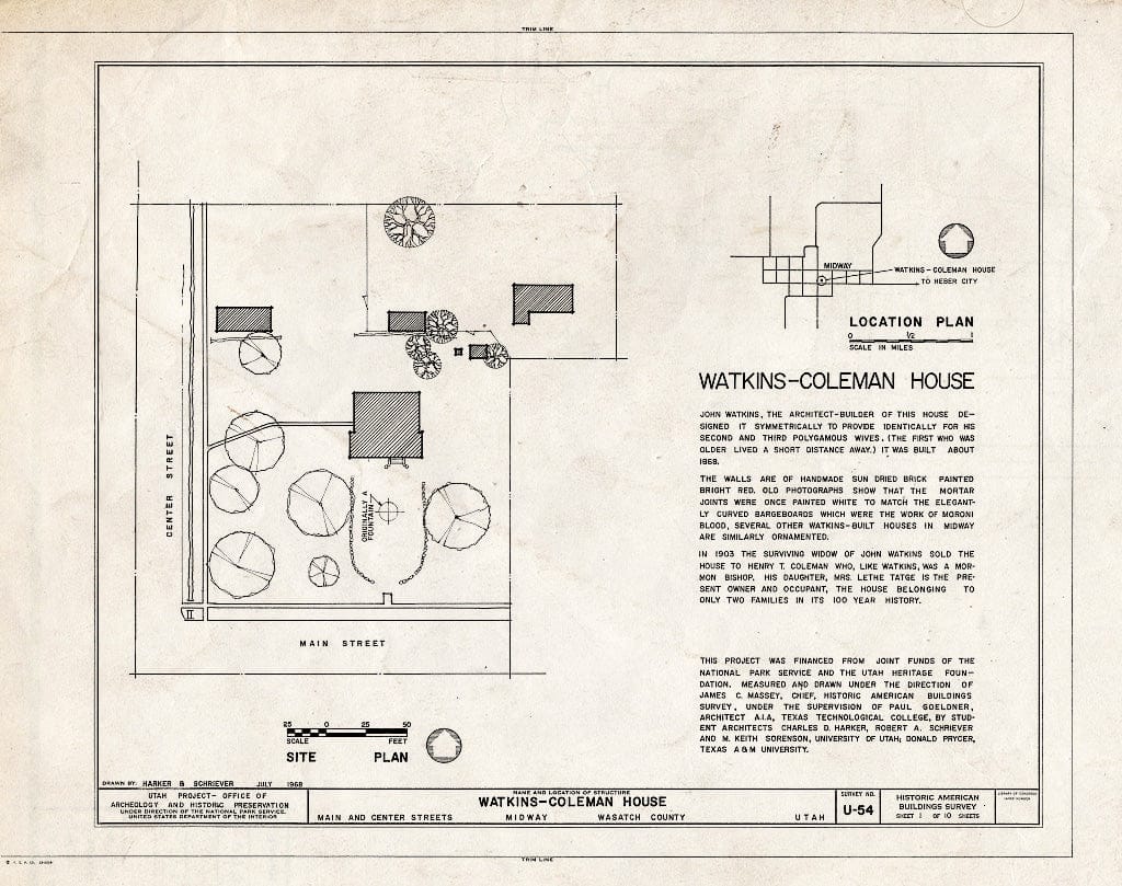 Blueprint HABS Utah,26-MID,1- (Sheet 1 of 10) - Watkins-Coleman House, 5 East Main Street, Midway, Wasatch County, UT