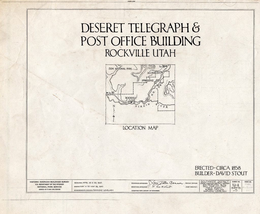Blueprint HABS Utah,27-ROCVI,1- (Sheet 0 of 7) - Deseret Telegraph & Post Office Building, State Route 15, Rockville, Washington County, UT