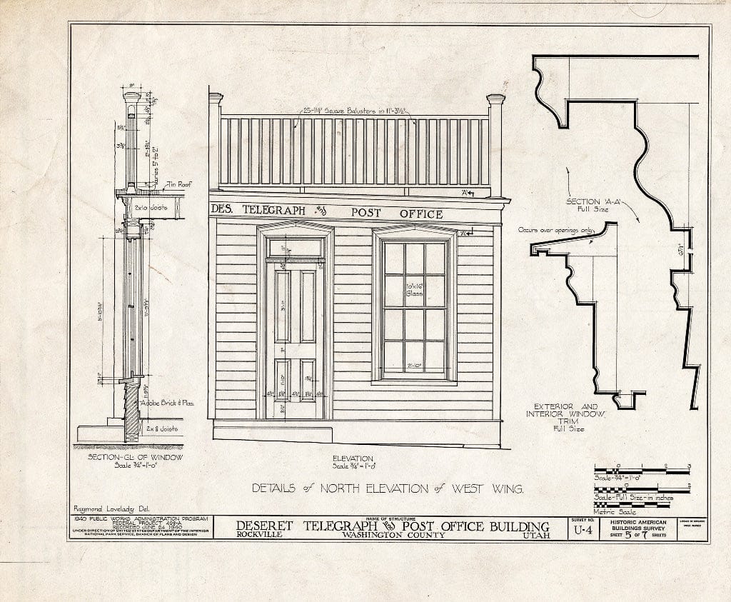 Blueprint HABS Utah,27-ROCVI,1- (Sheet 5 of 7) - Deseret Telegraph & Post Office Building, State Route 15, Rockville, Washington County, UT