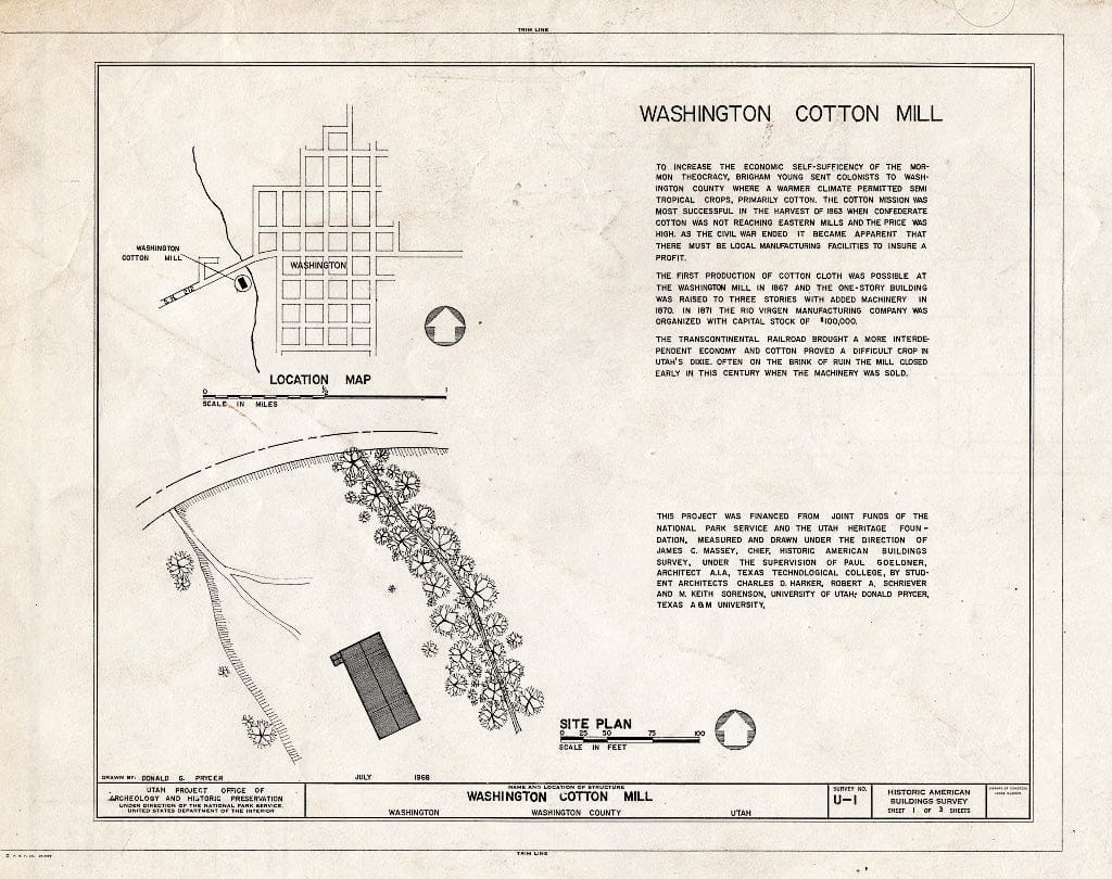 Blueprint HABS Utah,27-WASH,3- (Sheet 1 of 3) - Washington Cotton Mill, on Mill Creek Near State Highway 212, Washington, Washington County, UT