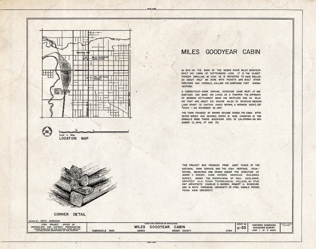 Blueprint HABS Utah,29-Ogden,2- (Sheet 1 of 3) - Miles Goodyear Cabin, Tabernacle Park, Ogden, Weber County, UT