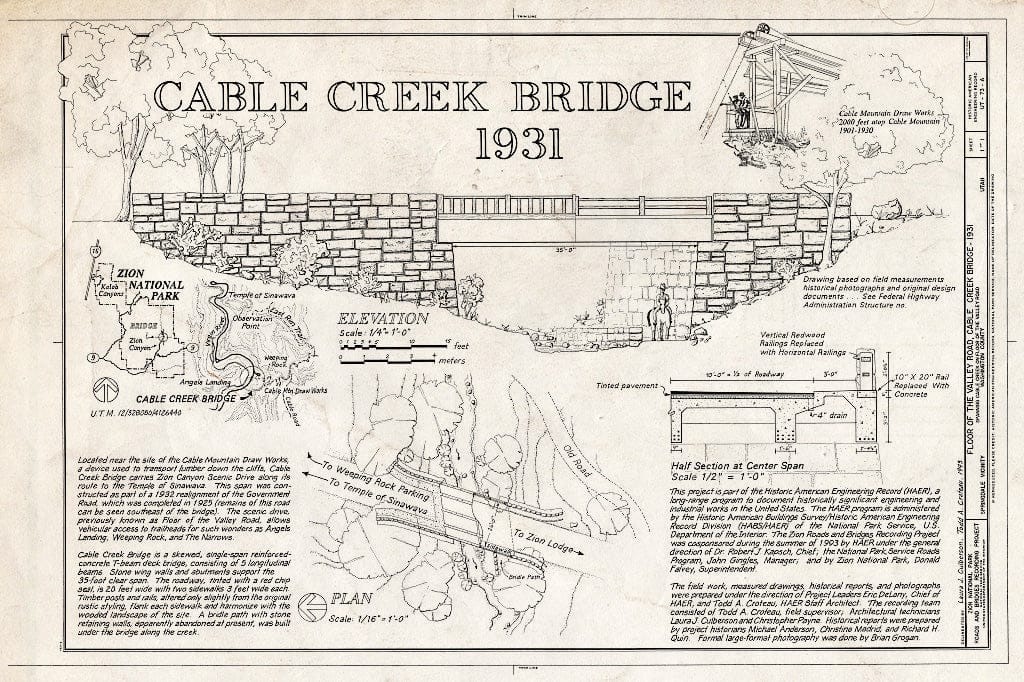 Blueprint HAER Utah,27-SPDA.V,8A- (Sheet 1 of 1) - Floor of The Valley Road, Cable Creek Bridge, Spanning Cable Creek on Floor of Valley, Springdale, Washington County, UT