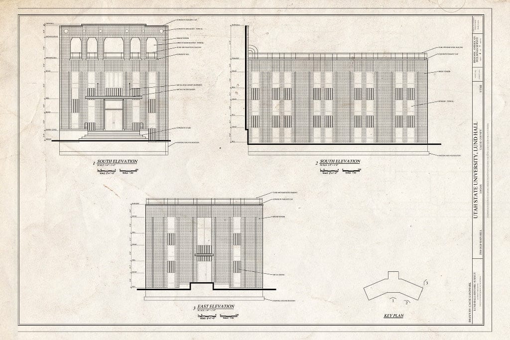 Blueprint South and East Elevations - Utah State University, Lund Hall, 3500 Old Main Hill, Logan, Cache County, UT