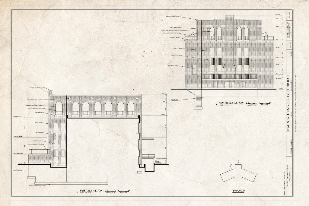 Blueprint West & North Elevations - Utah State University, Lund Hall, 3500 Old Main Hill, Logan, Cache County, UT