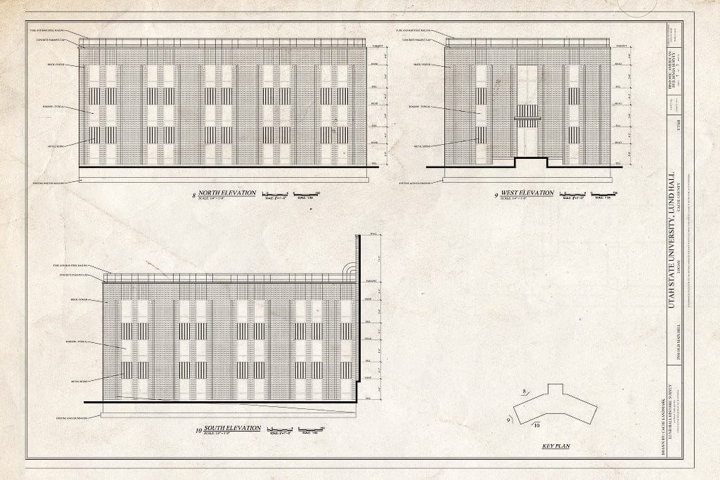 Blueprint North, South, and West Elevations - Utah State University, Lund Hall, 3500 Old Main Hill, Logan, Cache County, UT