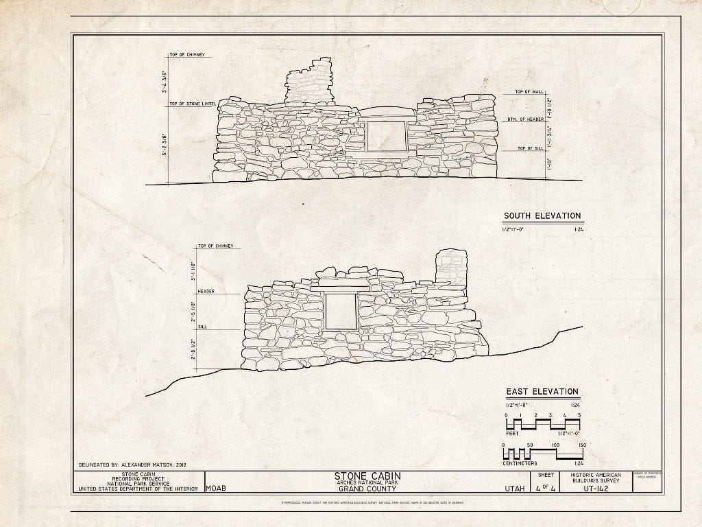 Blueprint South Elevation, East Elevation - Stone Cabin, Moab, Grand County, UT