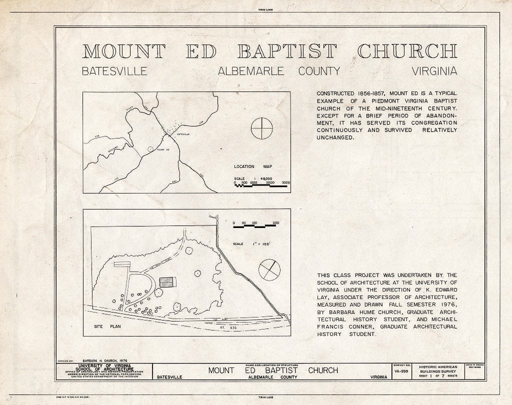 Blueprint Location map, site Plan, and Statement of Significance - Mount Ed Baptist Church, State Route 635, Batesville, Albemarle County, VA