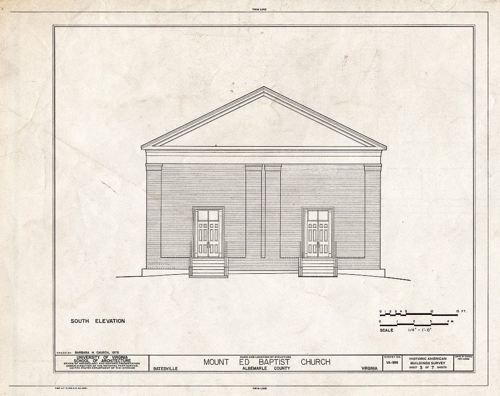 Blueprint South Elevation - Mount Ed Baptist Church, State Route 635, Batesville, Albemarle County, VA