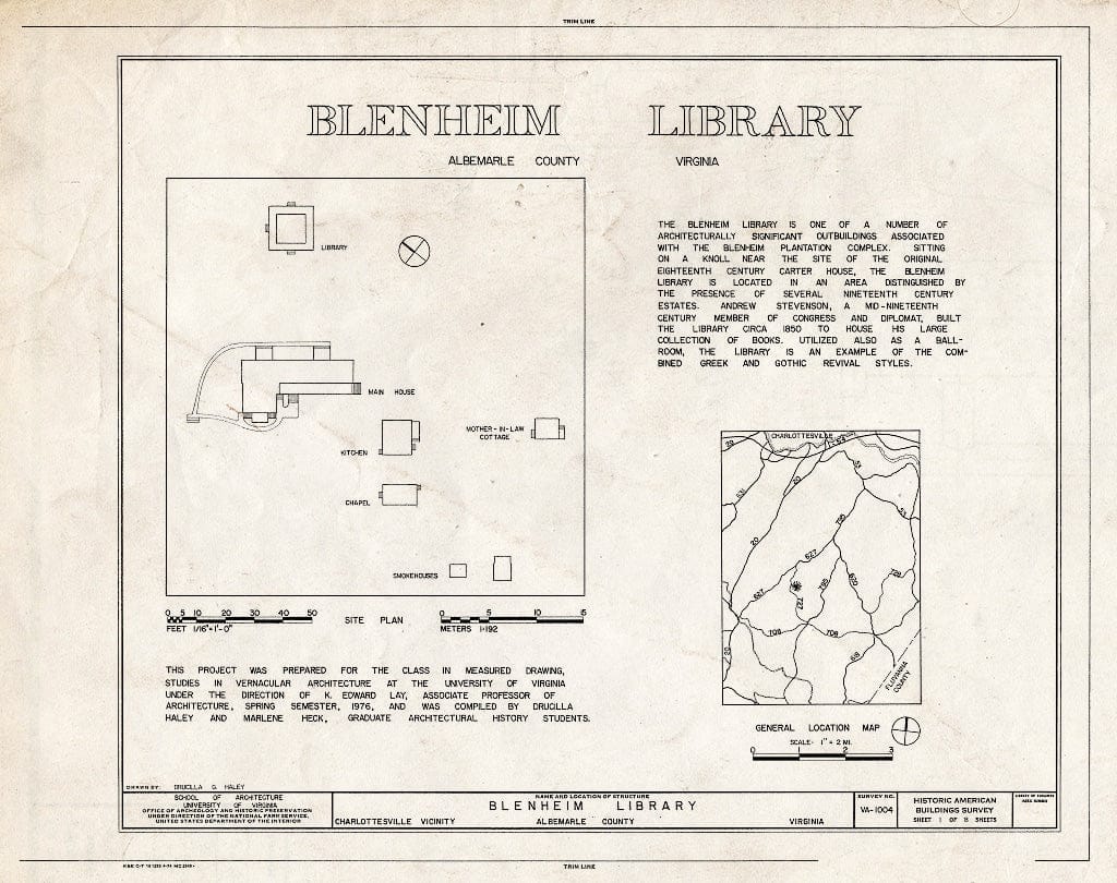 Blueprint HABS VA,2-Char.V,5A- (Sheet 1 of 8) - Blenheim Library, State Route 727, Charlottesville, Charlottesville, VA