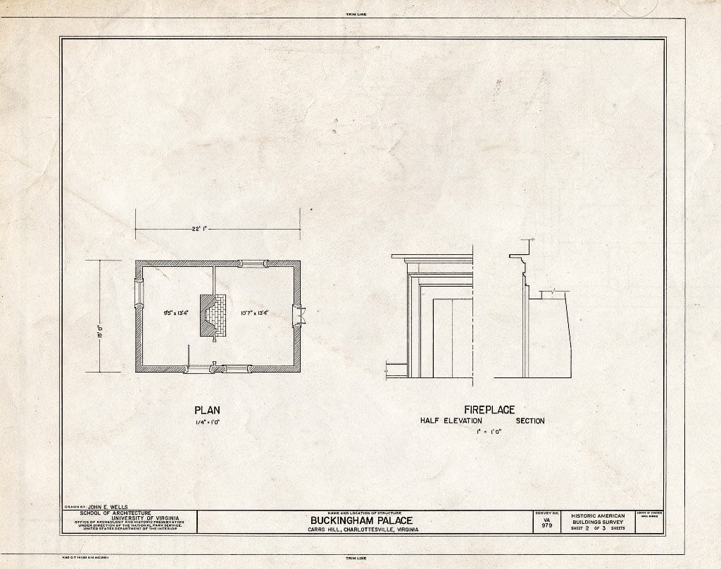 Blueprint Plan and Detail of Fireplace - Buckingham Palace, Carr's Hill, University of Virginia Campus, Charlottesville, Charlottesville, VA