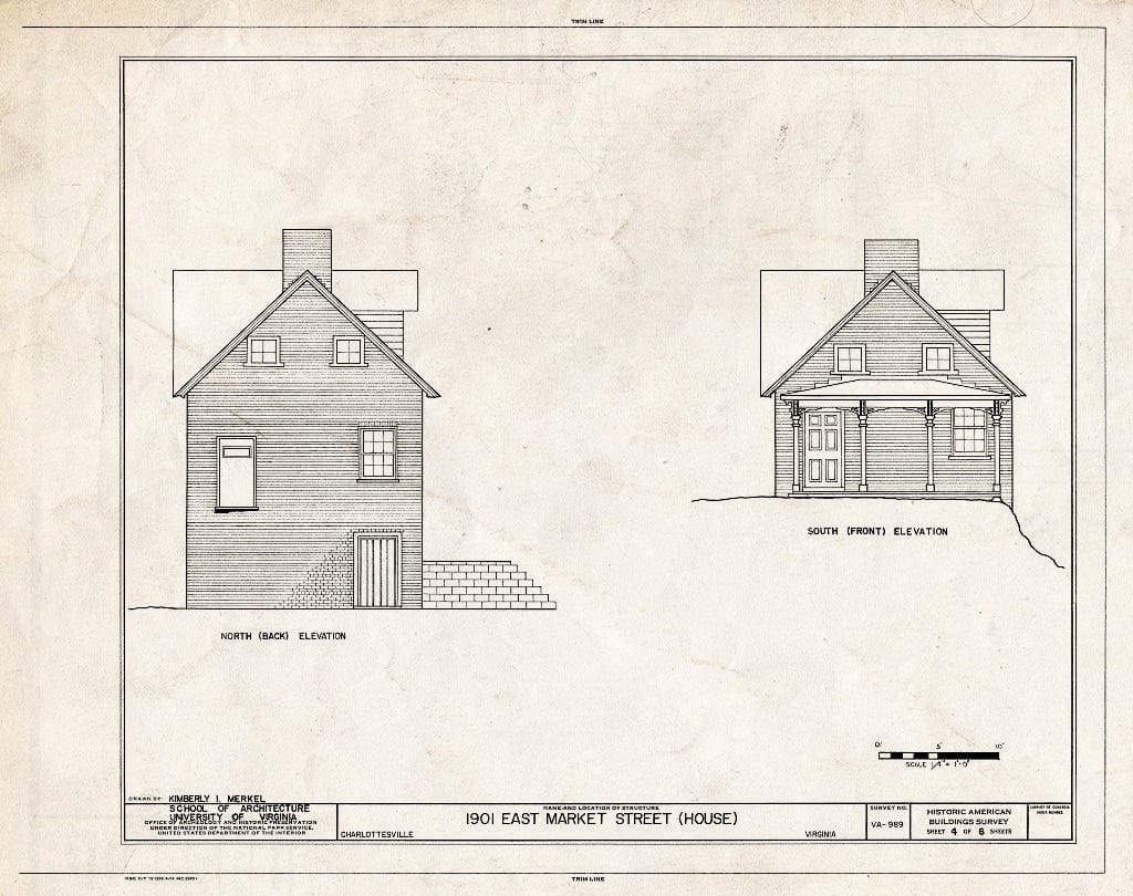 Blueprint North (Rear) and South (Front) elevations - 1901 East Market Street (House), Charlottesville, Charlottesville, VA