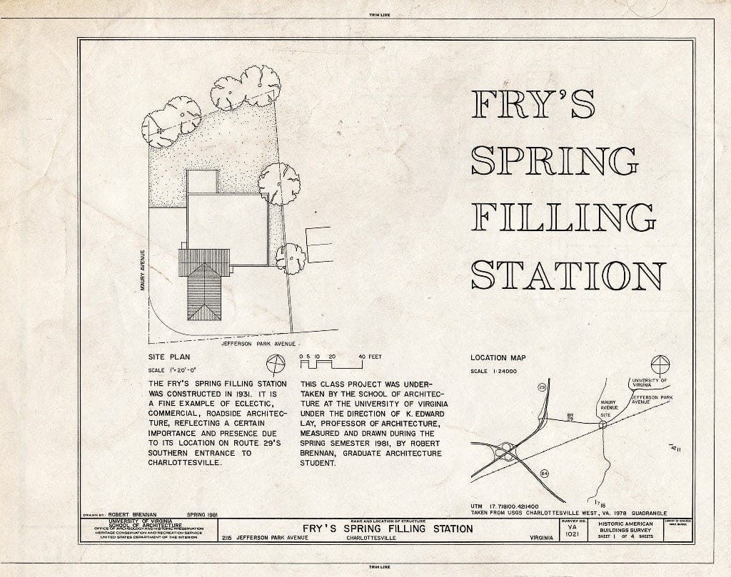 Blueprint HABS VA,2-Char,17- (Sheet 1 of 4) - Fry's Spring Filling Station, 2115 Jefferson Park Avenue, Charlottesville, Charlottesville, VA