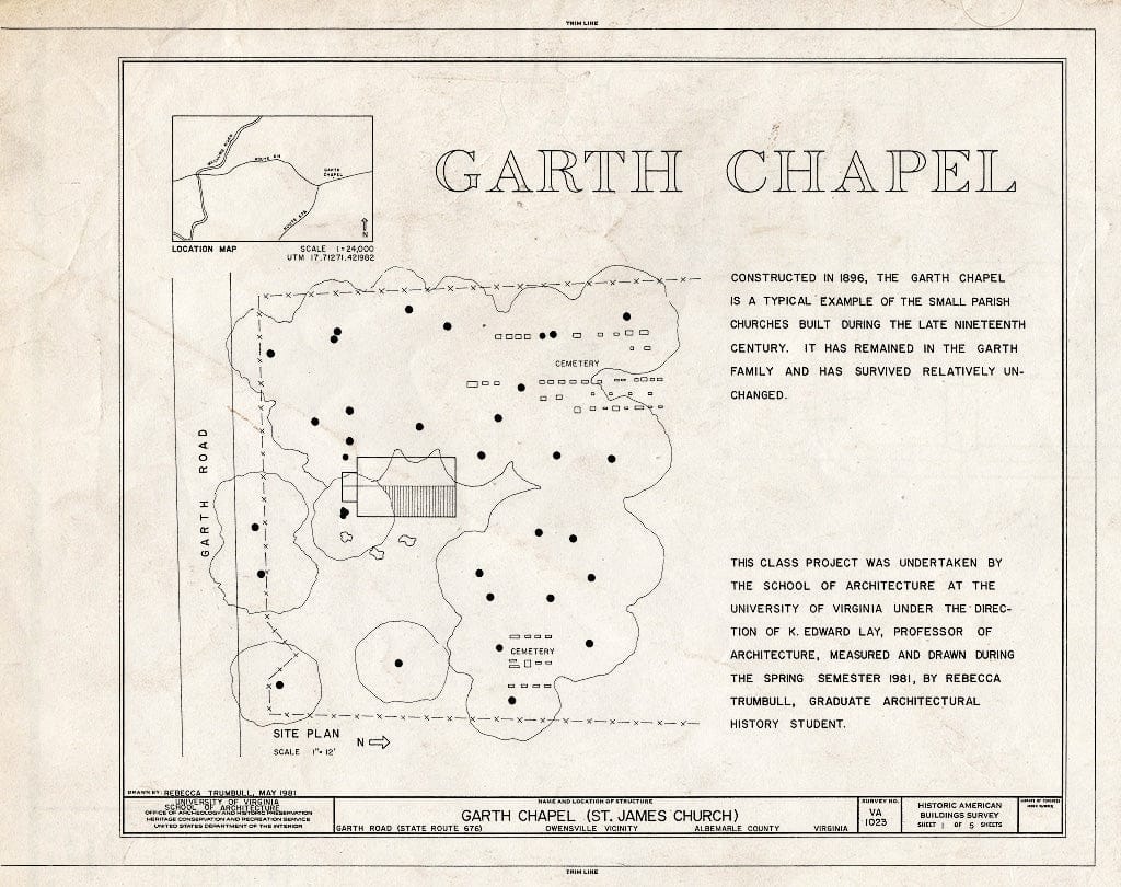 Blueprint HABS VA,2-Owen.V,1- (Sheet 1 of 5) - Garth Chapel, Garth Road (State Route 676), Owensville, Albemarle County, VA