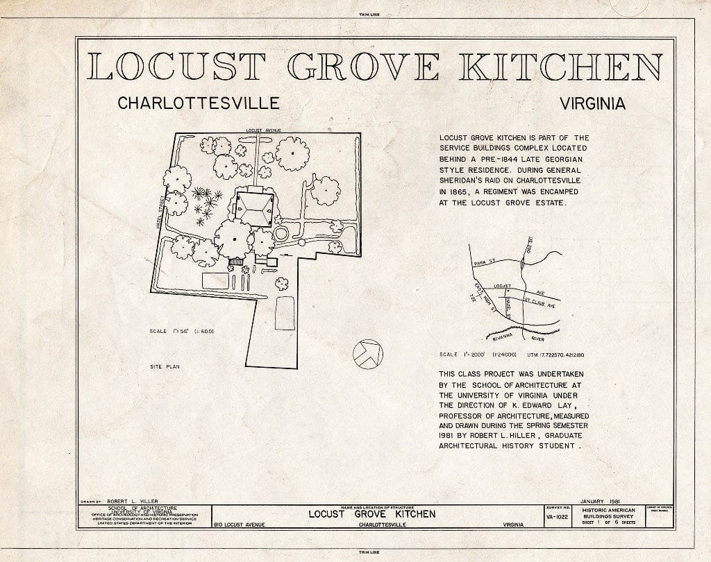 Blueprint HABS VA,2-Char,19A- (Sheet 1 of 6) - Locust Grove Kitchen, 810 Locust Avenue, Charlottesville, Charlottesville, VA