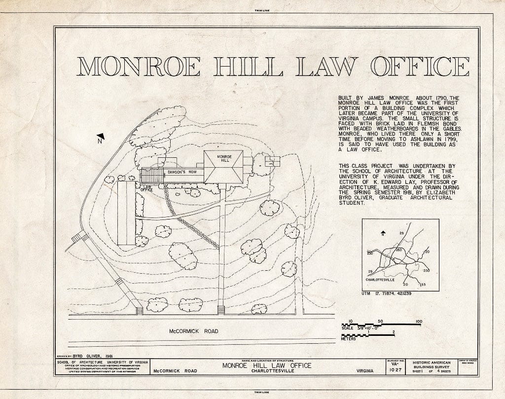 Blueprint HABS VA,2-Char,8A- (Sheet 1 of 4) - Monroe Hill Law Office, McCormick Road, University of Virginia, Charlottesville, Charlottesville, VA