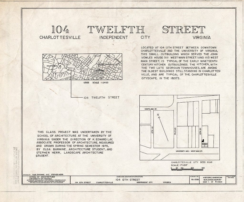 Blueprint HABS VA,2-Char,12A- (Sheet 1 of 6) - 104 Twelfth Street (Outbuilding), Charlottesville, Charlottesville, VA