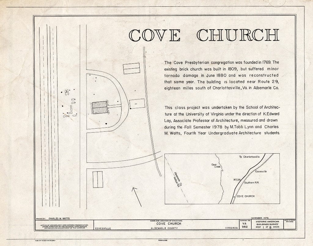Blueprint Locator map, site Plan, and Statement of Significance - Cove Presbyterian Church, U.S. Route 29, Covesville, Albemarle County, VA