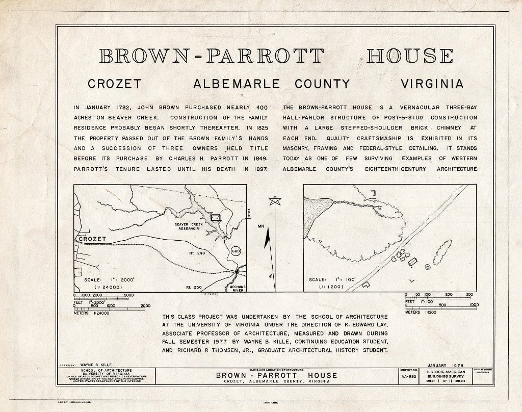 Blueprint Map and Statement of Significance - Brown-Parrott House, State Route 680, Crozet, Albemarle County, VA