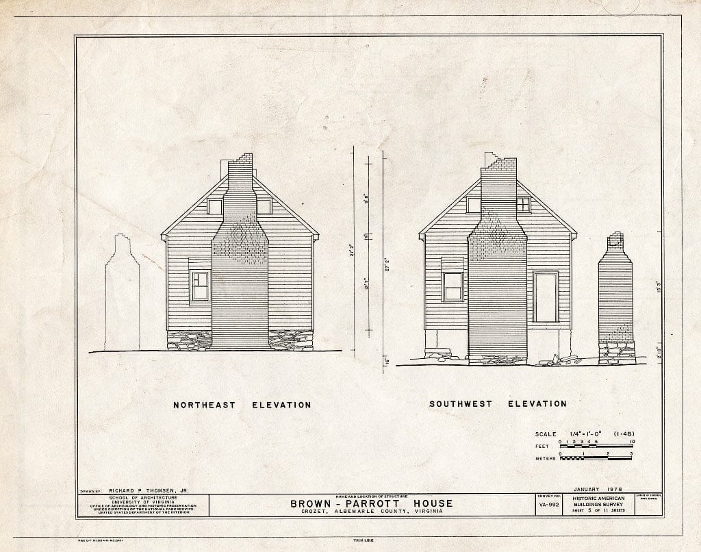 Blueprint Northeast and Southwest elevations - Brown-Parrott House, State Route 680, Crozet, Albemarle County, VA