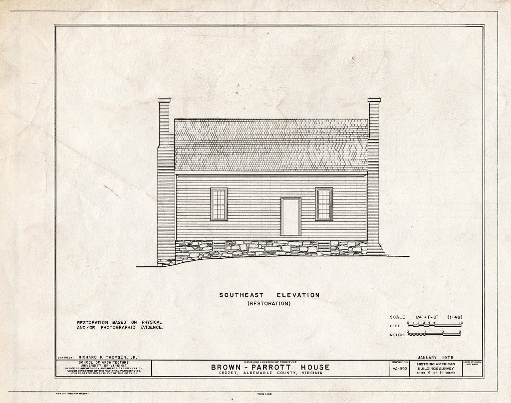 Blueprint Southeast Elevation - Brown-Parrott House, State Route 680, Crozet, Albemarle County, VA