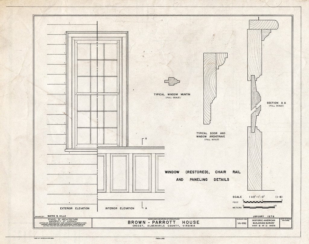 Blueprint Window, Chair Rail and Paneling Details - Brown-Parrott House, State Route 680, Crozet, Albemarle County, VA