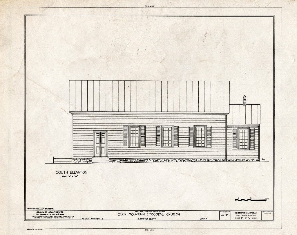 Blueprint South Elevation - Buck Mountain Episcopal Church, State Route 743, Earlysville, Albemarle County, VA