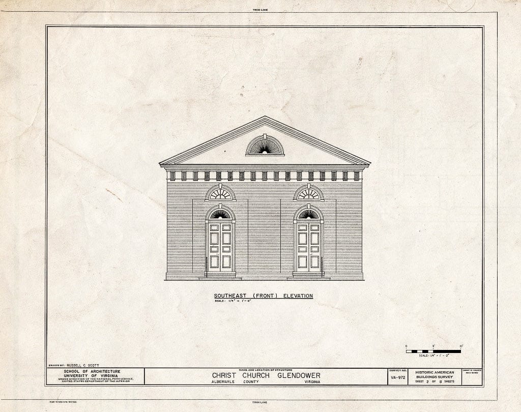 Blueprint Southeast (Front) Elevation - Christ Church (Episcopal), State Routes 713 & 712, Glendower, Albemarle County, VA