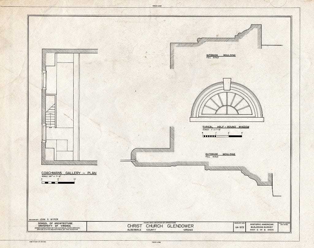 Blueprint Plan of coachman's Gallery, Half-Round Window, molding Profiles - Christ Church (Episcopal), State Routes 713 & 712, Glendower, Albemarle County, VA