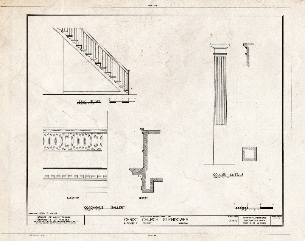 Blueprint Stair Detail, coachman's Gallery Details, Column Details - Christ Church (Episcopal), State Routes 713 & 712, Glendower, Albemarle County, VA