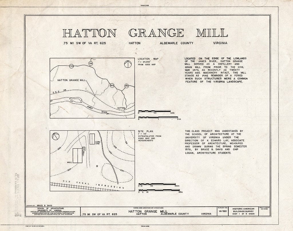 Blueprint Location map, site map, and State of Significance - Hatton Grange Mill, State Route 625 Vicinity, Hatton, Albemarle County, VA
