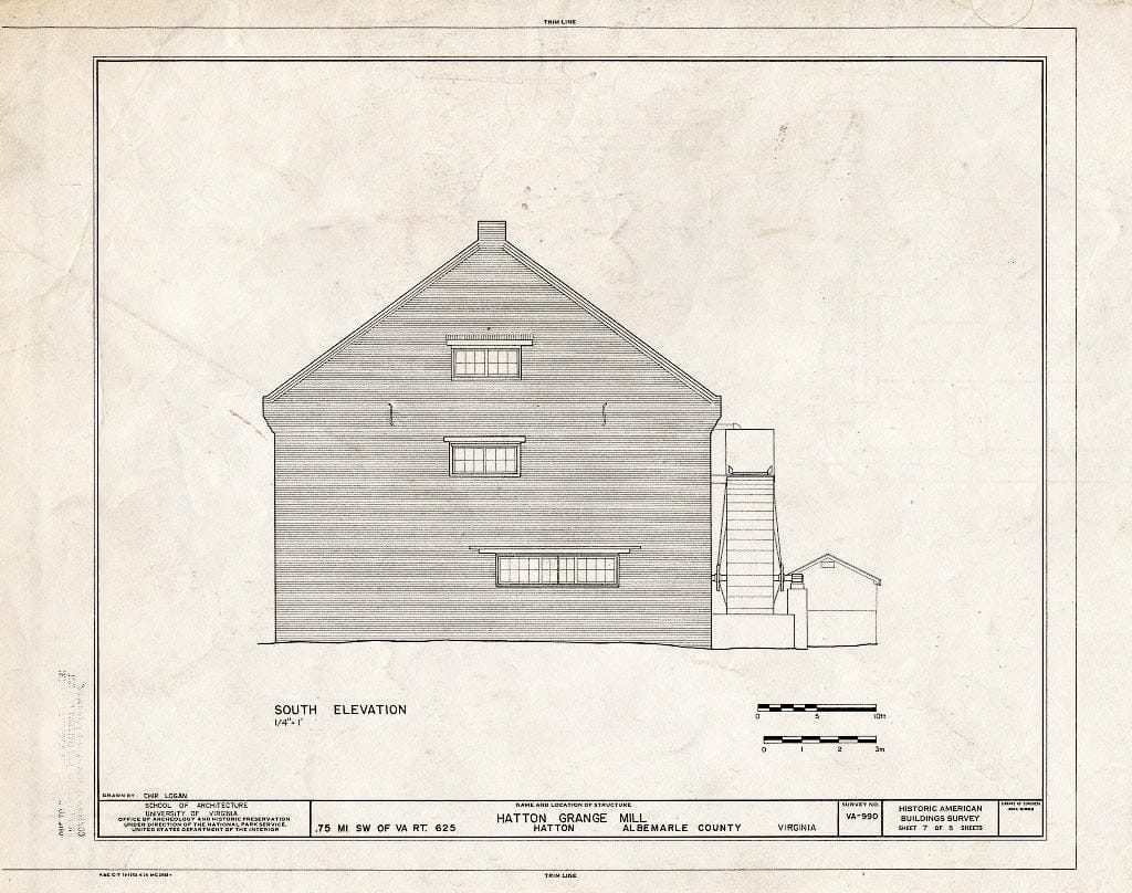 Blueprint South Elevation - Hatton Grange Mill, State Route 625 Vicinity, Hatton, Albemarle County, VA