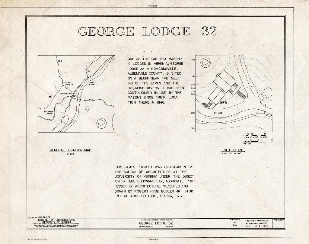 Blueprint Locator map, site map, Statement of Significance - George Lodge No. 32, State Route 602, Howardsville, Albemarle County, VA