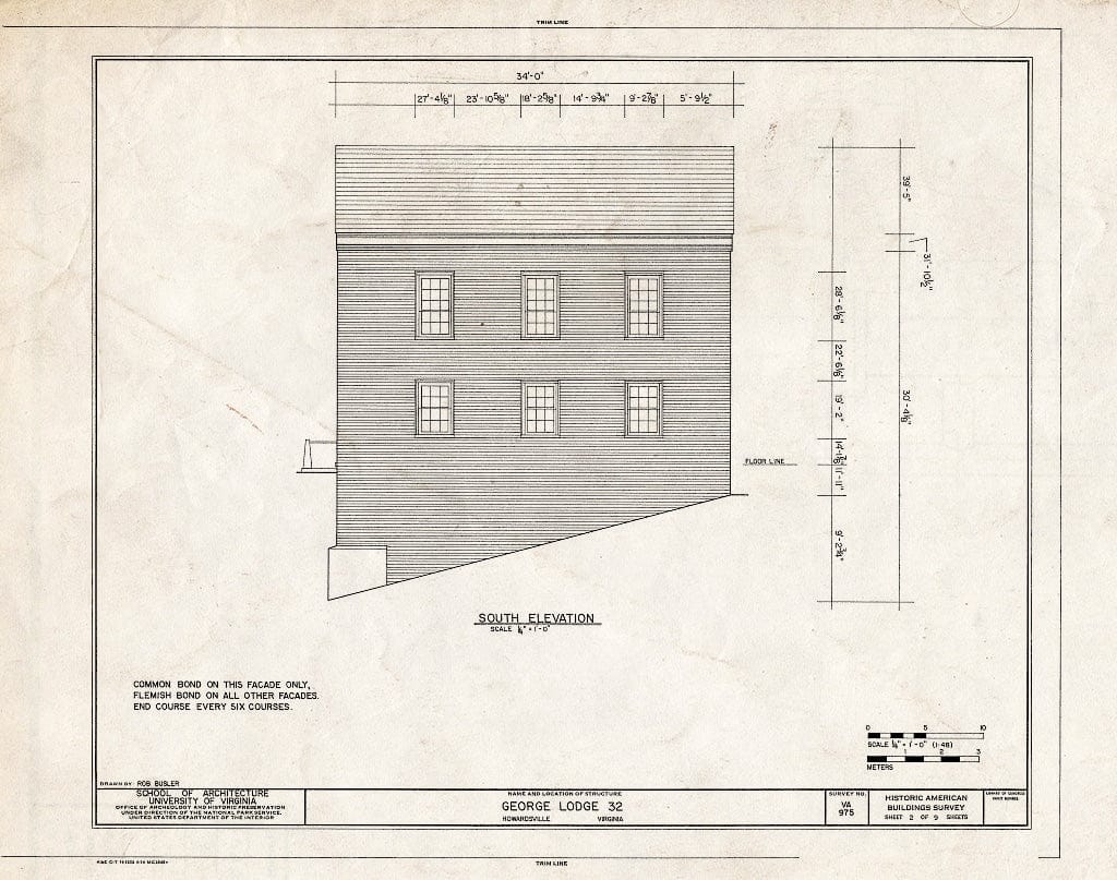 Blueprint South Elevation - George Lodge No. 32, State Route 602, Howardsville, Albemarle County, VA