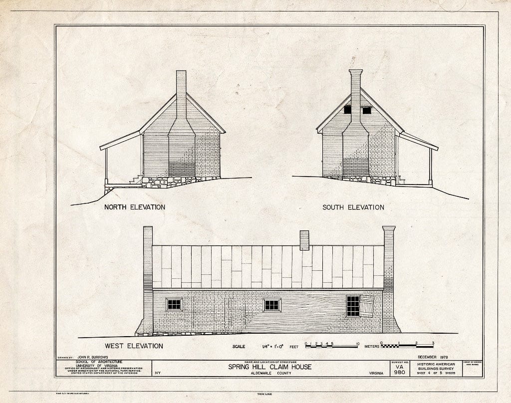Blueprint North, South, and west elevations - Spring Hill Claim House, State Route 637, Ivy, Albemarle County, VA
