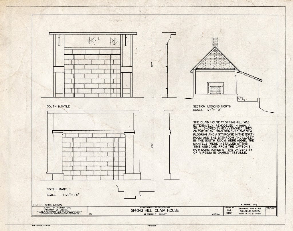 Blueprint Section, and Details of Fireplace - Spring Hill Claim House, State Route 637, Ivy, Albemarle County, VA