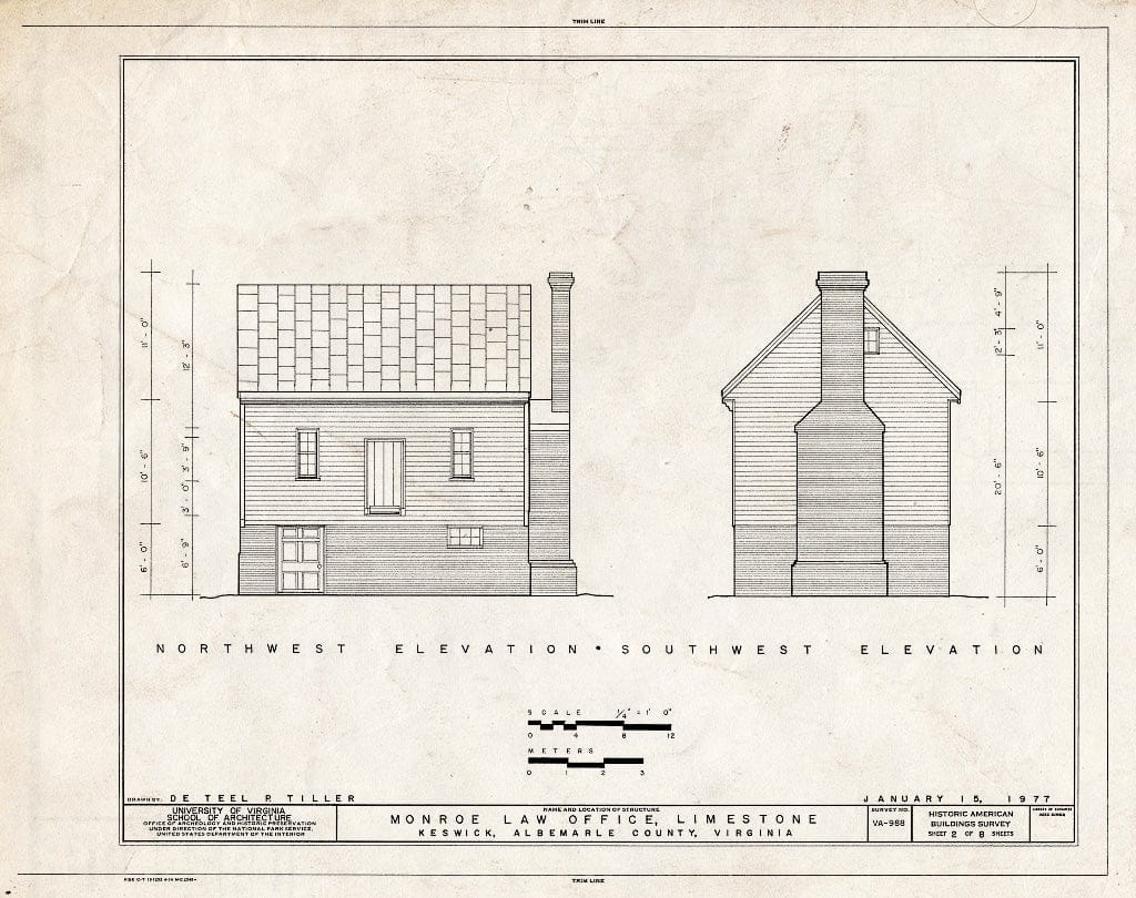 Blueprint Northwest and Southwest elevations - Monroe Law Office, Limestone Plantation, Virginia Route 250, Keswick, Albemarle County, VA